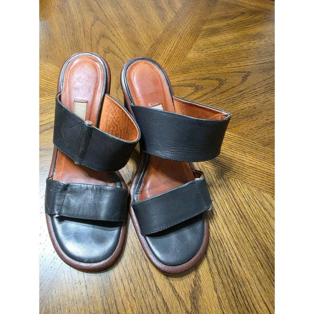 Miista London Black Leather Two Strap Block Heel Slide Sandals Size 38 Spain